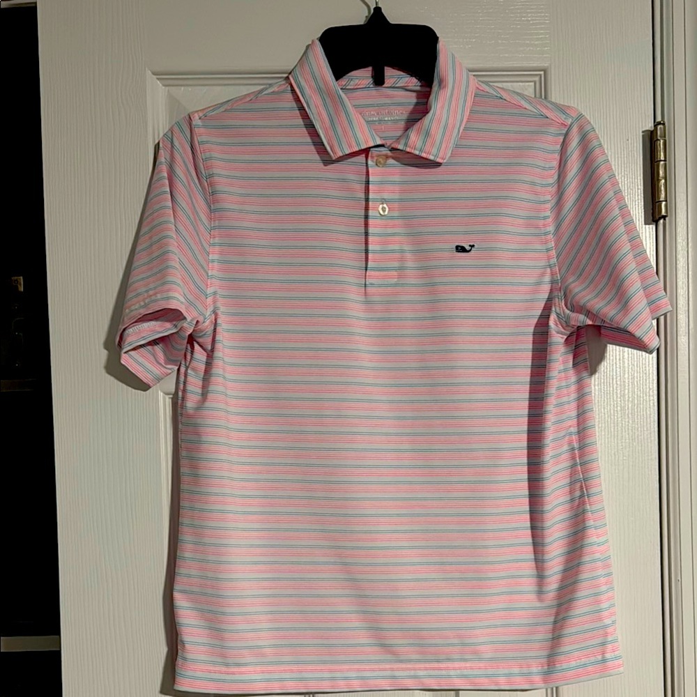 Vineyard Vines boy’s large pink, blue, orange Striped Polo performance shirt
